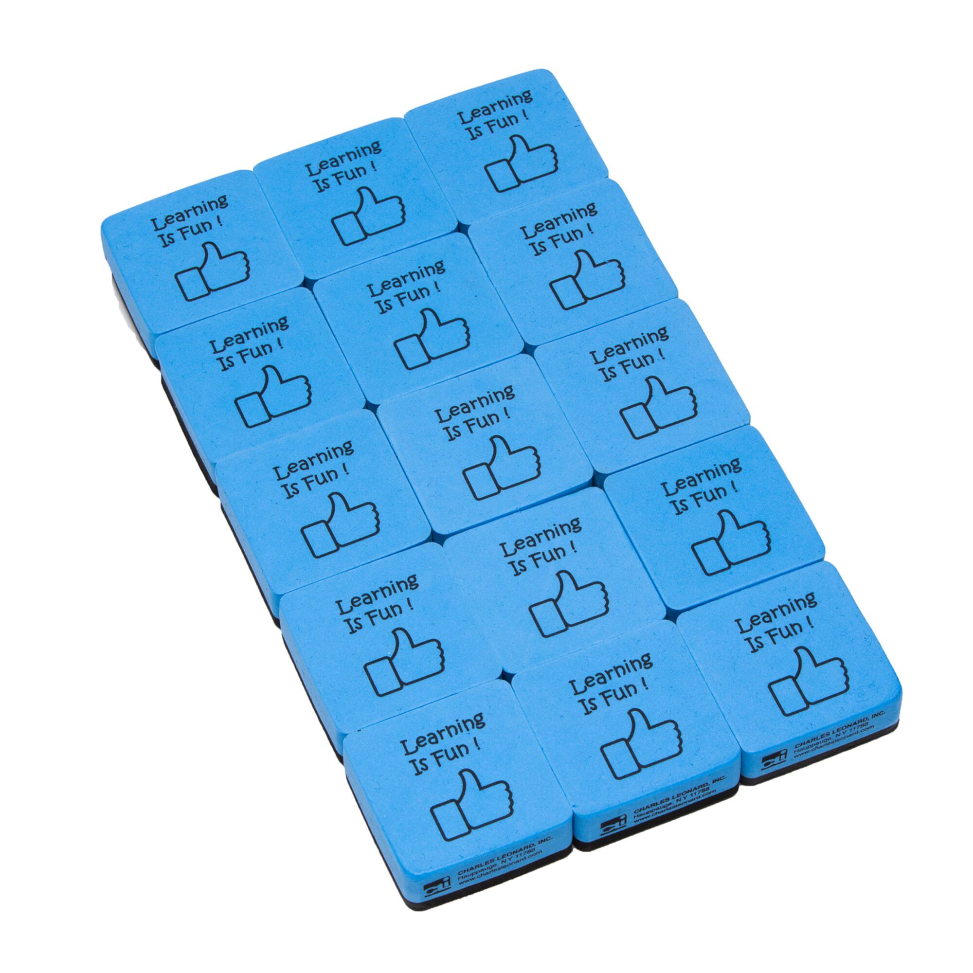 Charles Leonard Blue & Black Learning is Fun Mini Whiteboard Eraser, 3 Packs of 15